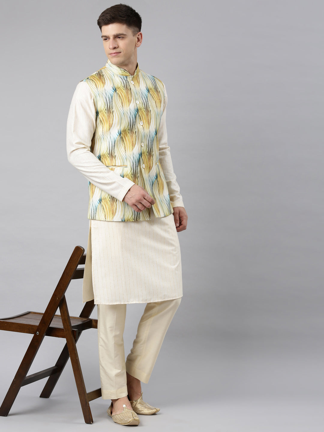 Yellow Linen Printed Jacket with Kurta Set