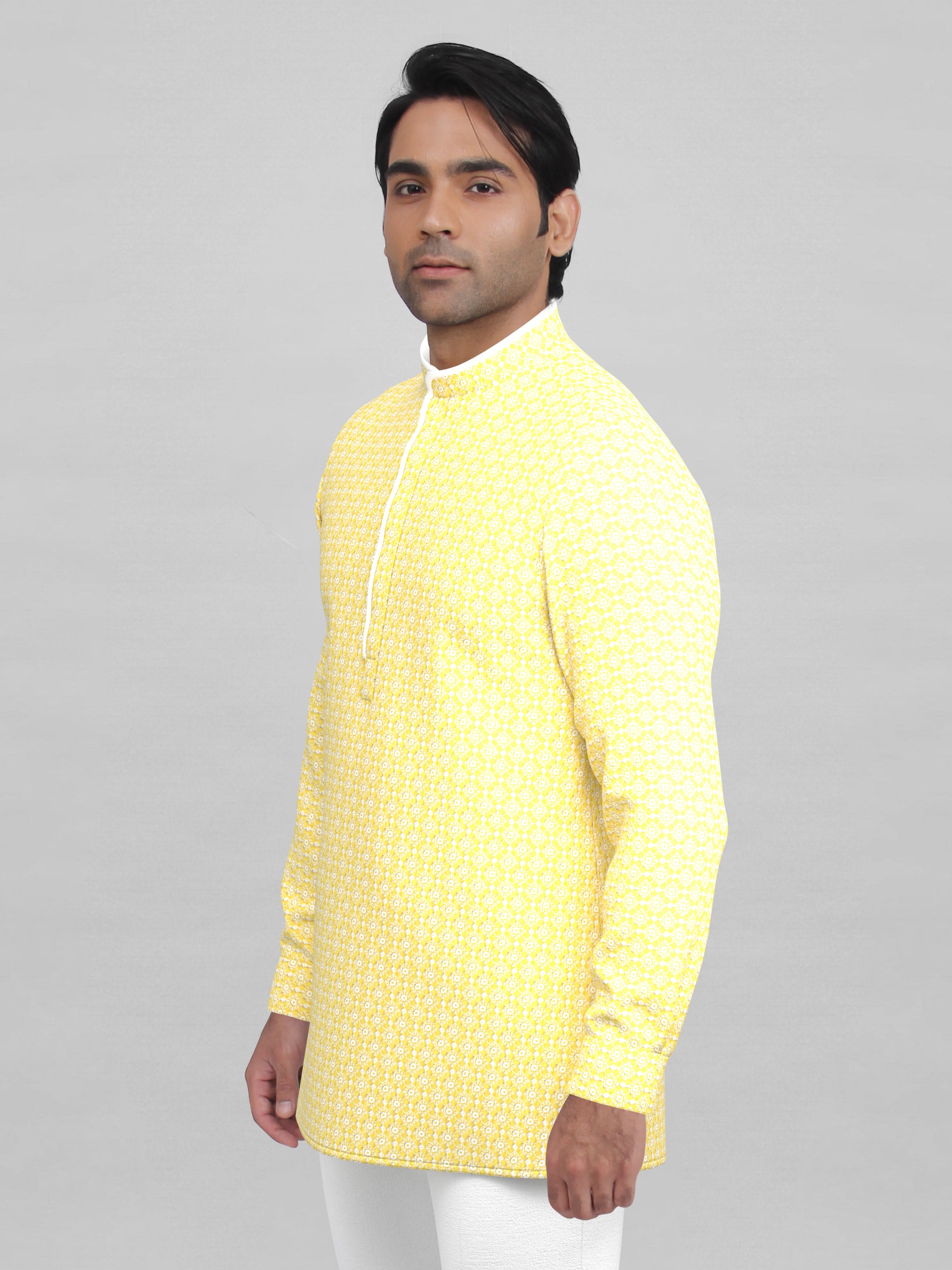 Yellow cotton embroidered Short Kurta