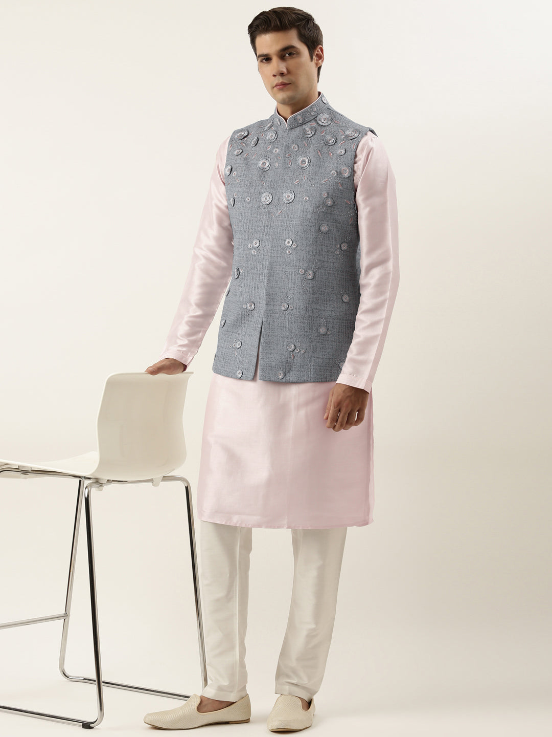 Grey floral embroidered Jacket Kurta Set