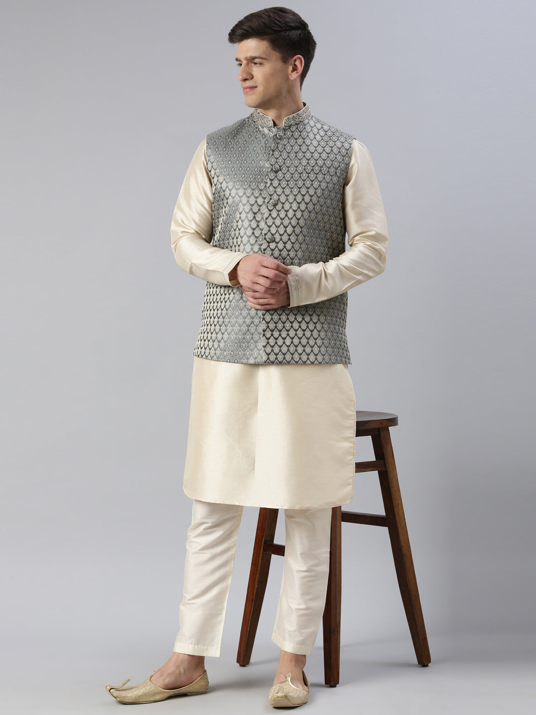 Grey Banarasi jacquard Jacket Kurta Set