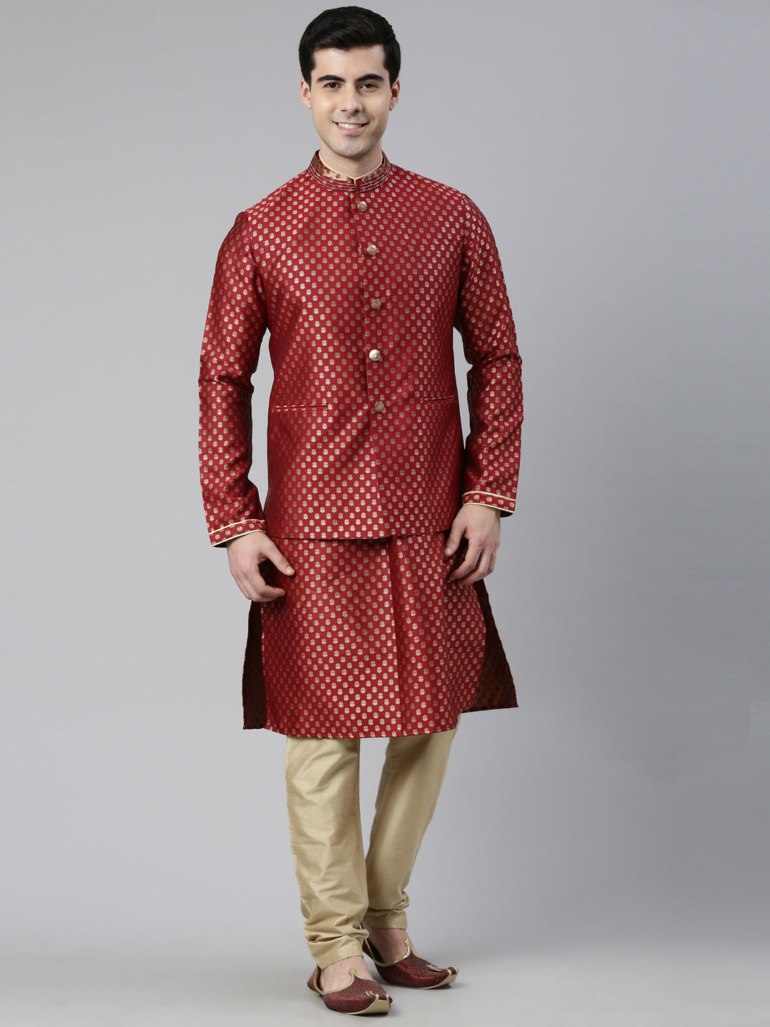 Scarlet Red Brocade Jacket and Kurta Set