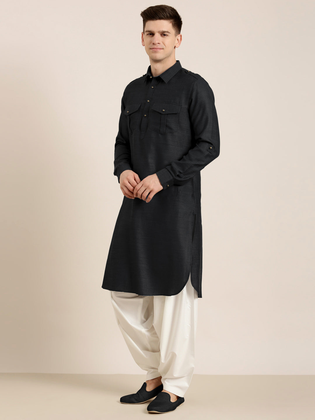 Black Cotton Pathani With Salwar