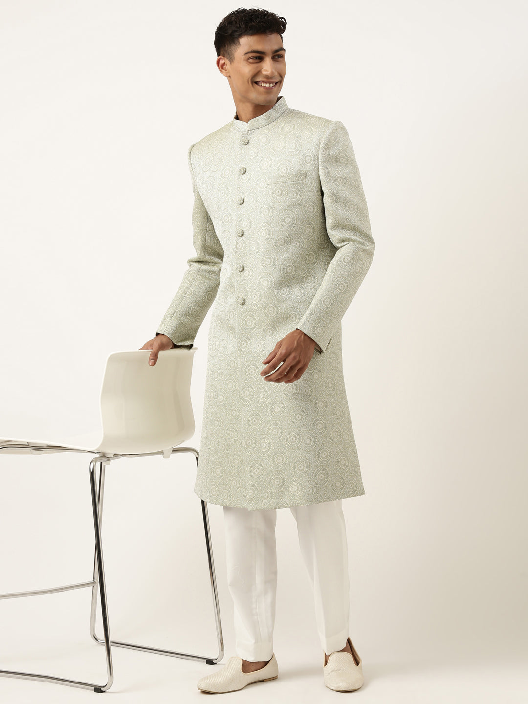 Green Jacquard Indowestern Set