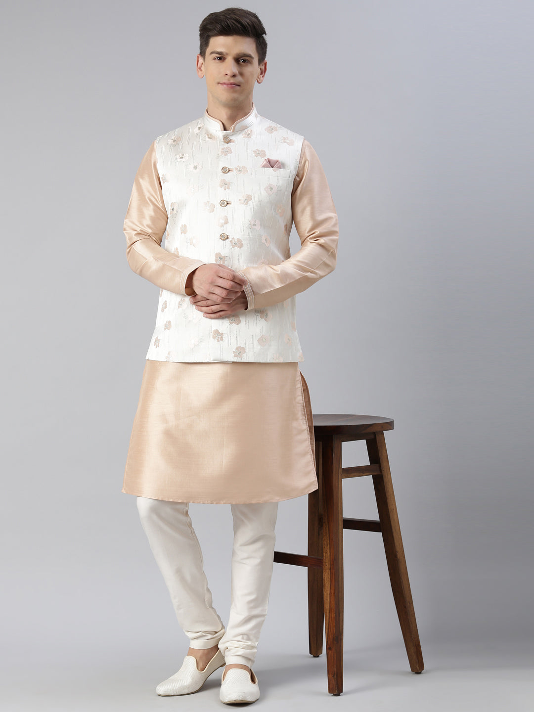 Cream Peach Jacquard Jacket with Peach Kurta Set