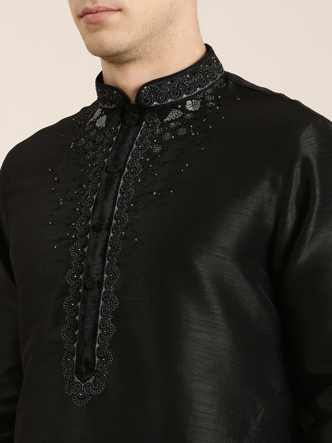 Black Art Silk Embroidered Kurta Set