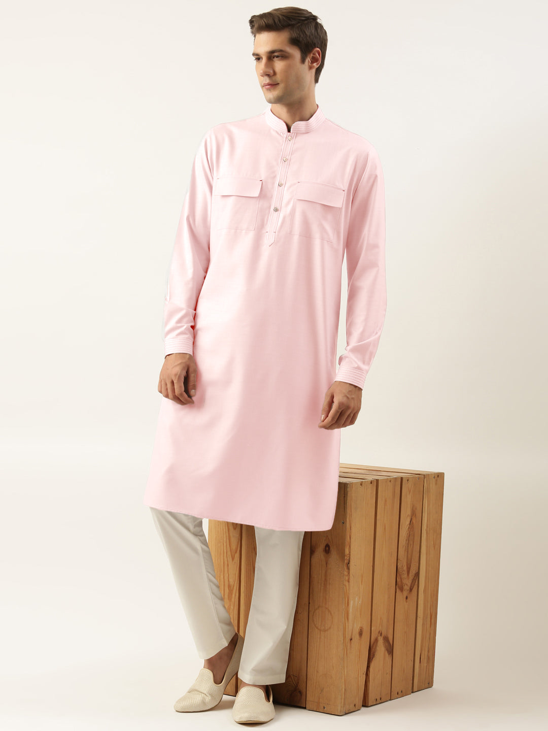 Baby Pink Pure Cotton Pathani Kurta Set with Patch pocket