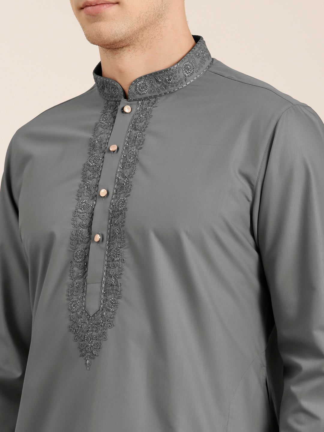 Grey Cotton Dori Embroidered Kurta Set