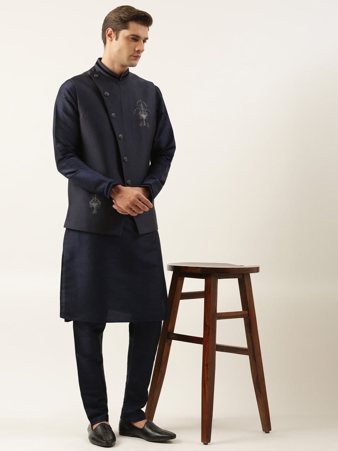 Navy Embroidered Jacket Kurta Set