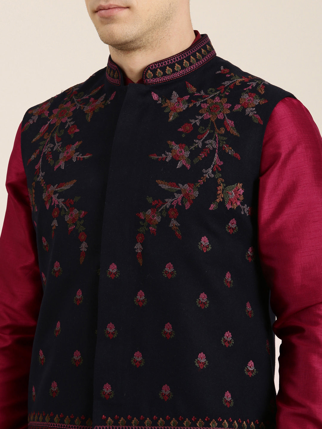 Navy Pashmina Embroidered Jacket With Maroon Kurta set