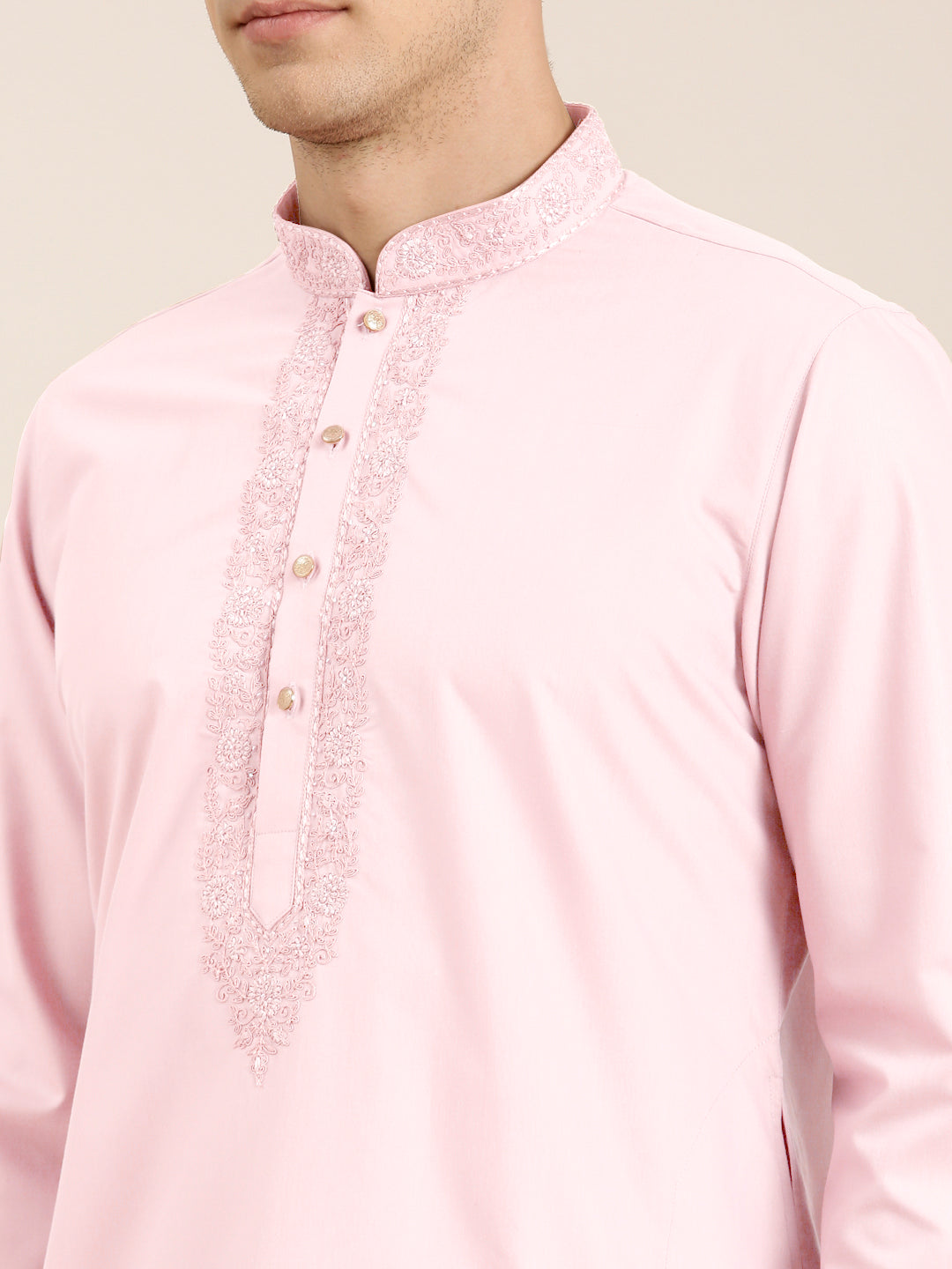Pink Cotton Dori Embroidered Kurta Set