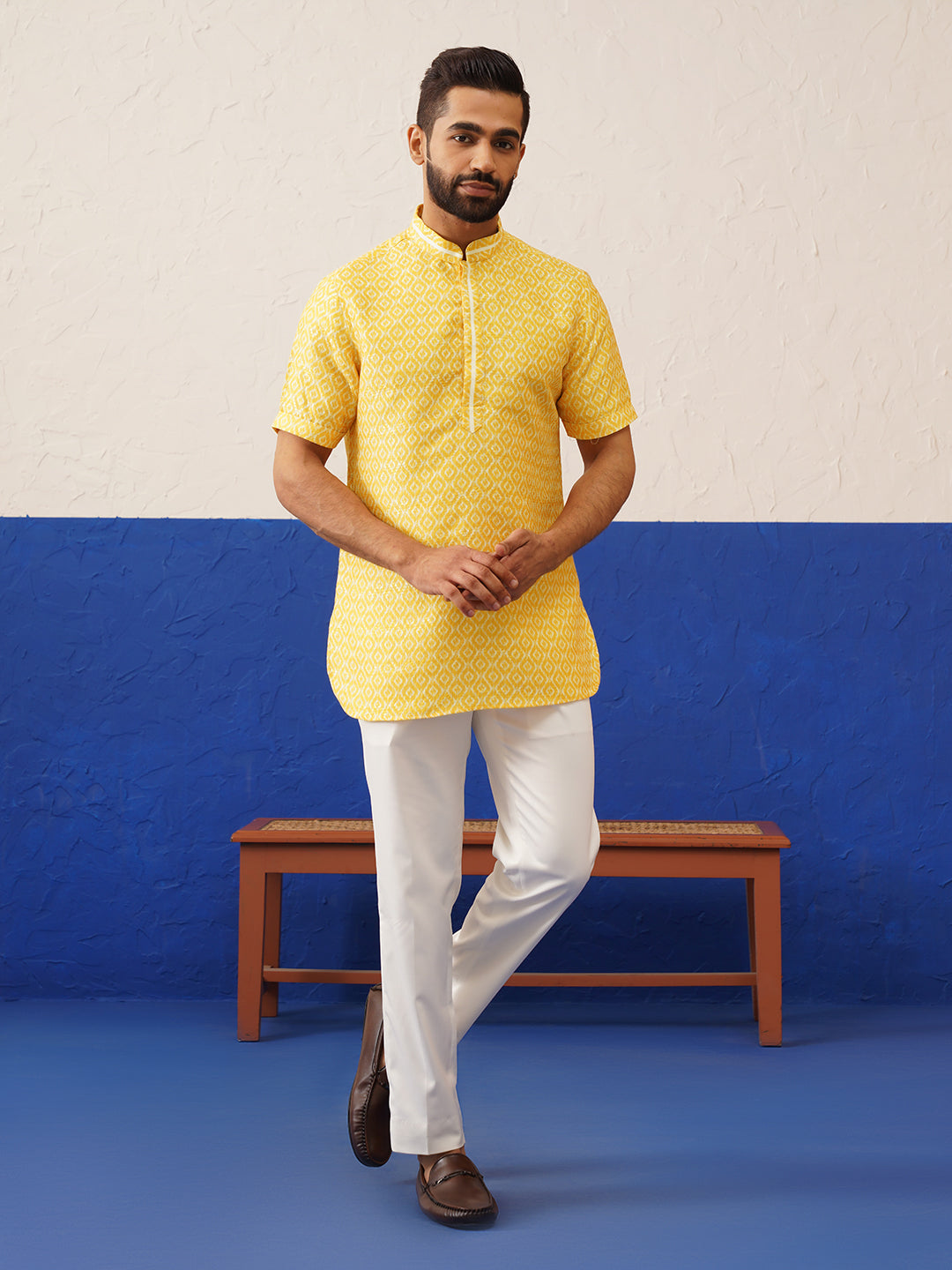 Yellow Ikat Printed Short Kurta