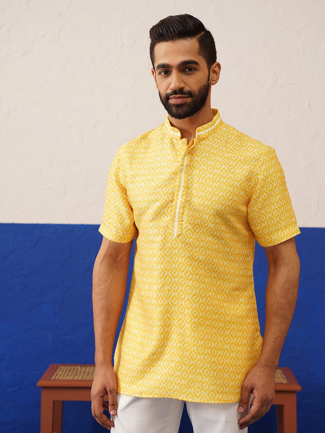 Yellow Ikat Printed Short Kurta