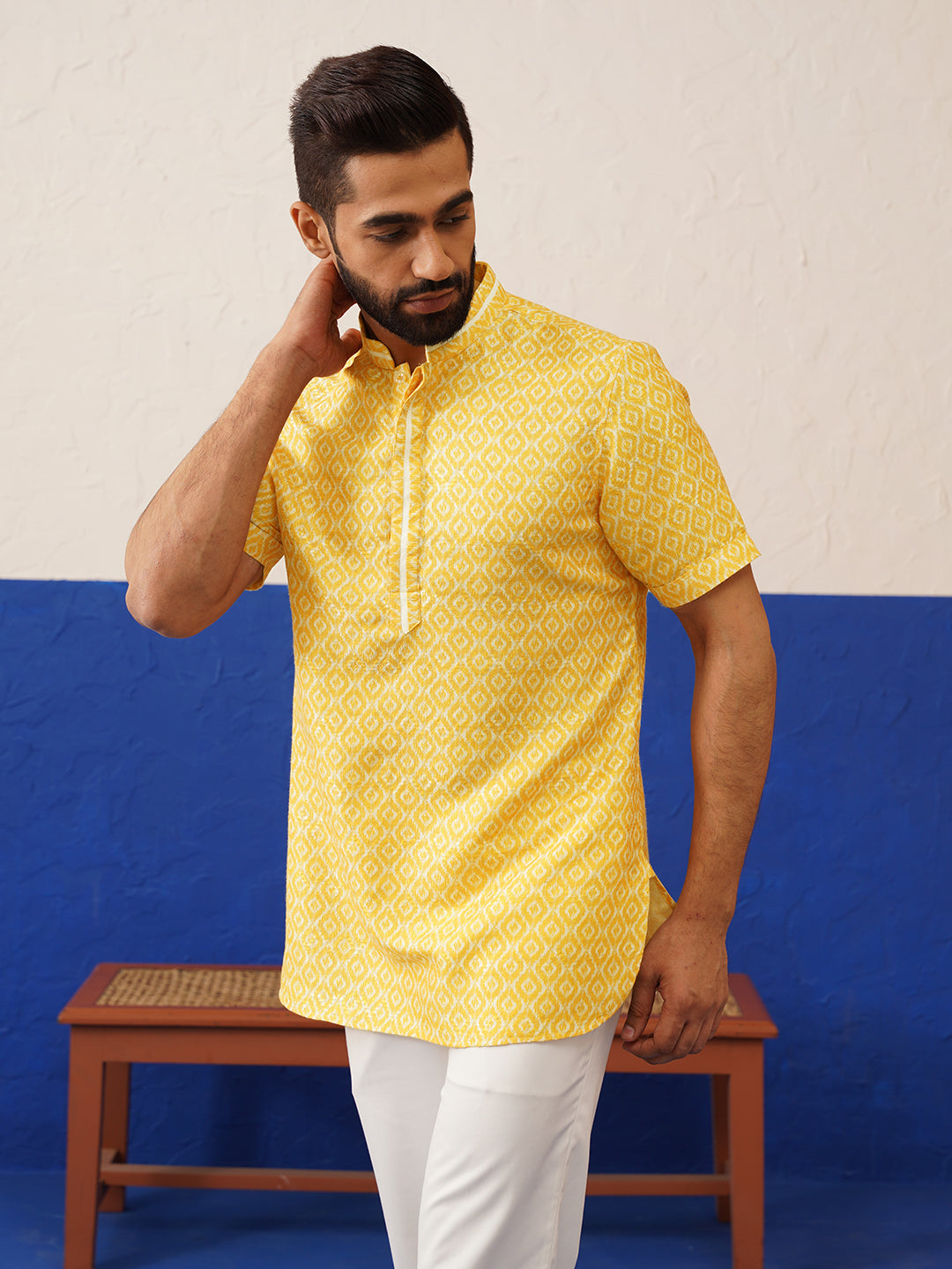 Yellow Ikat Printed Short Kurta