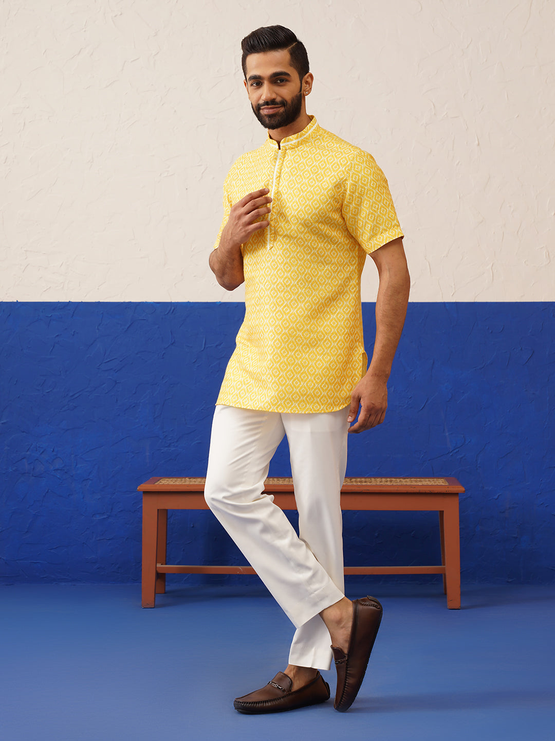 Yellow Ikat Printed Short Kurta