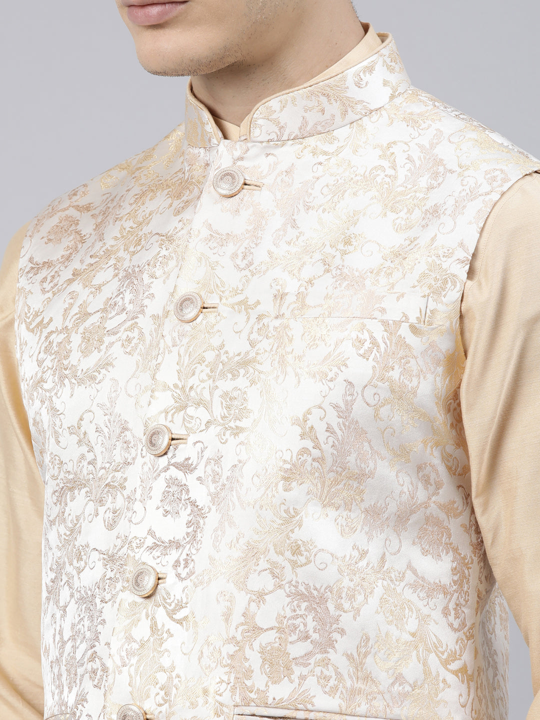 Cream Gold Jacket With Gold Kurta Set