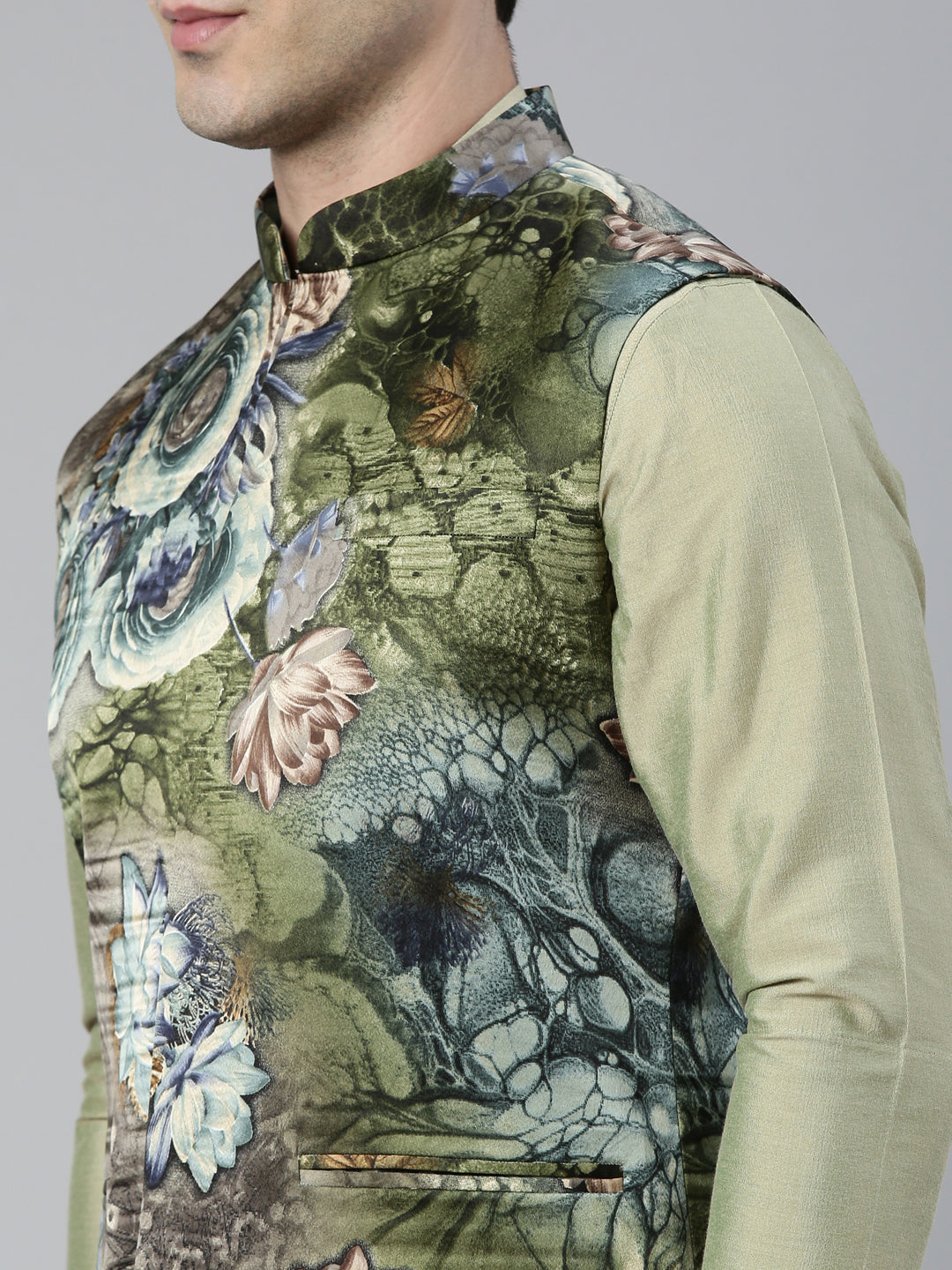 Floral Print Jacket With Green Short Kurta