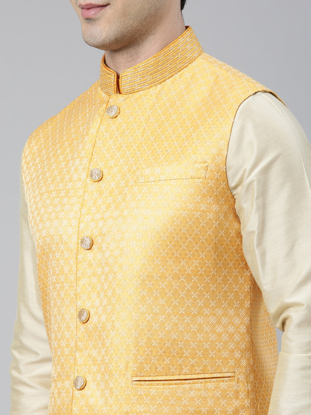 Mustard Geometric Jacquard Jacket With Kurta Set