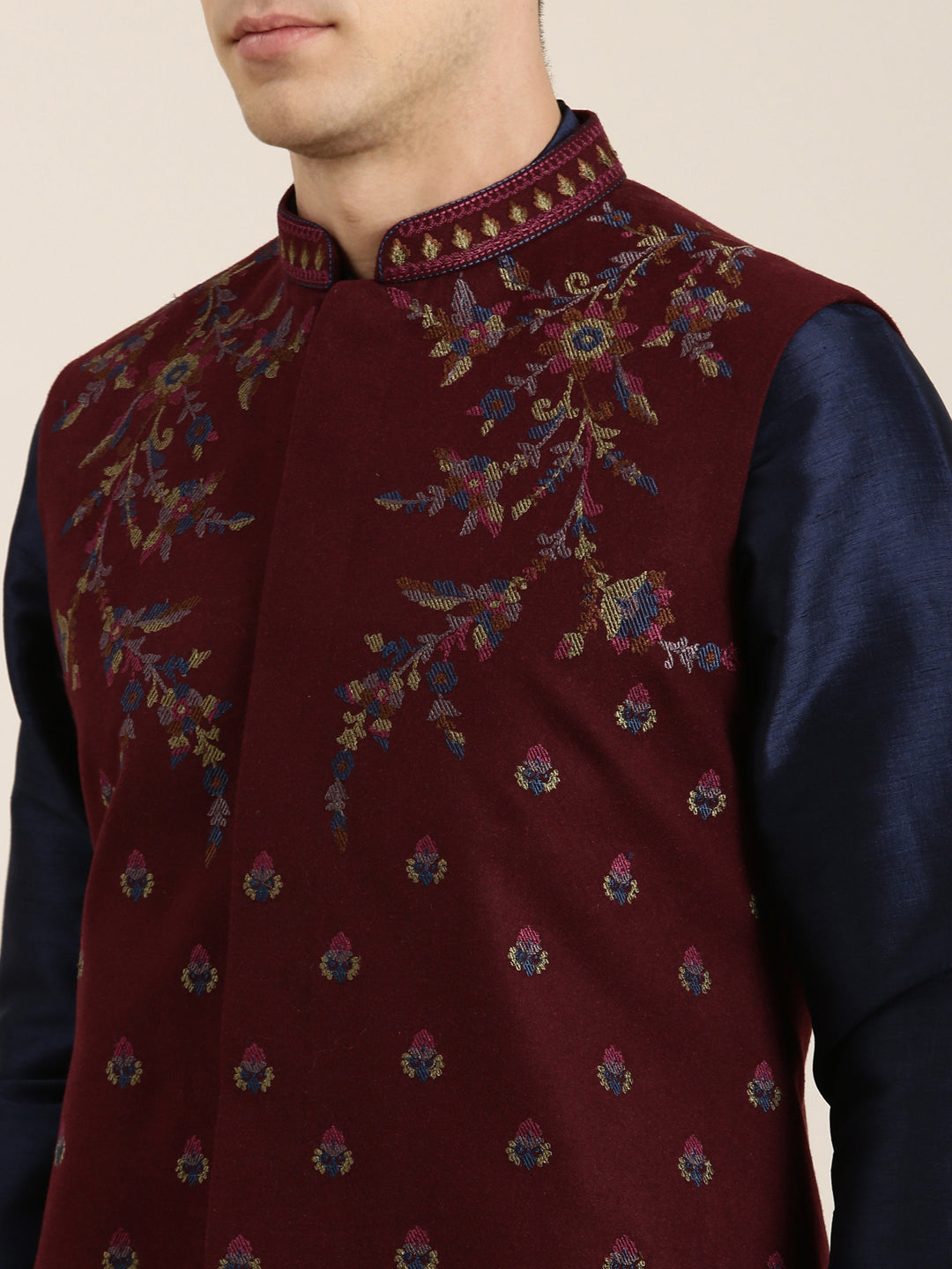 Maroon Pashmina embroidery Jacket With Navy kurta set