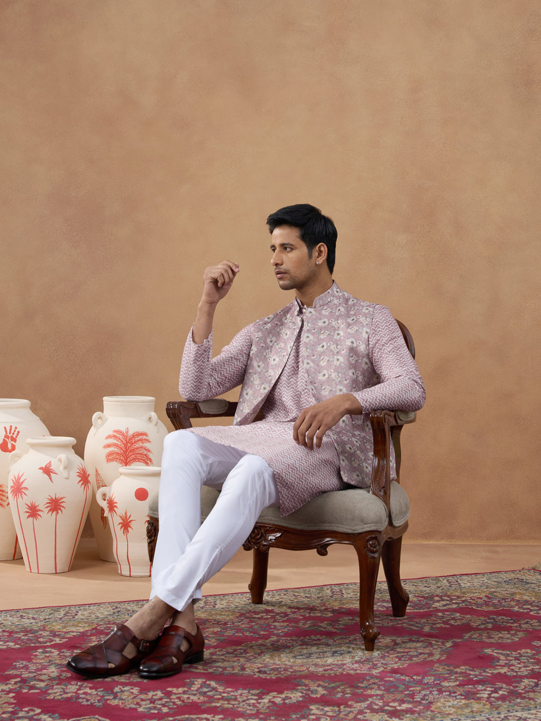 Pastel Pink Floral Jacket & Kurta Set