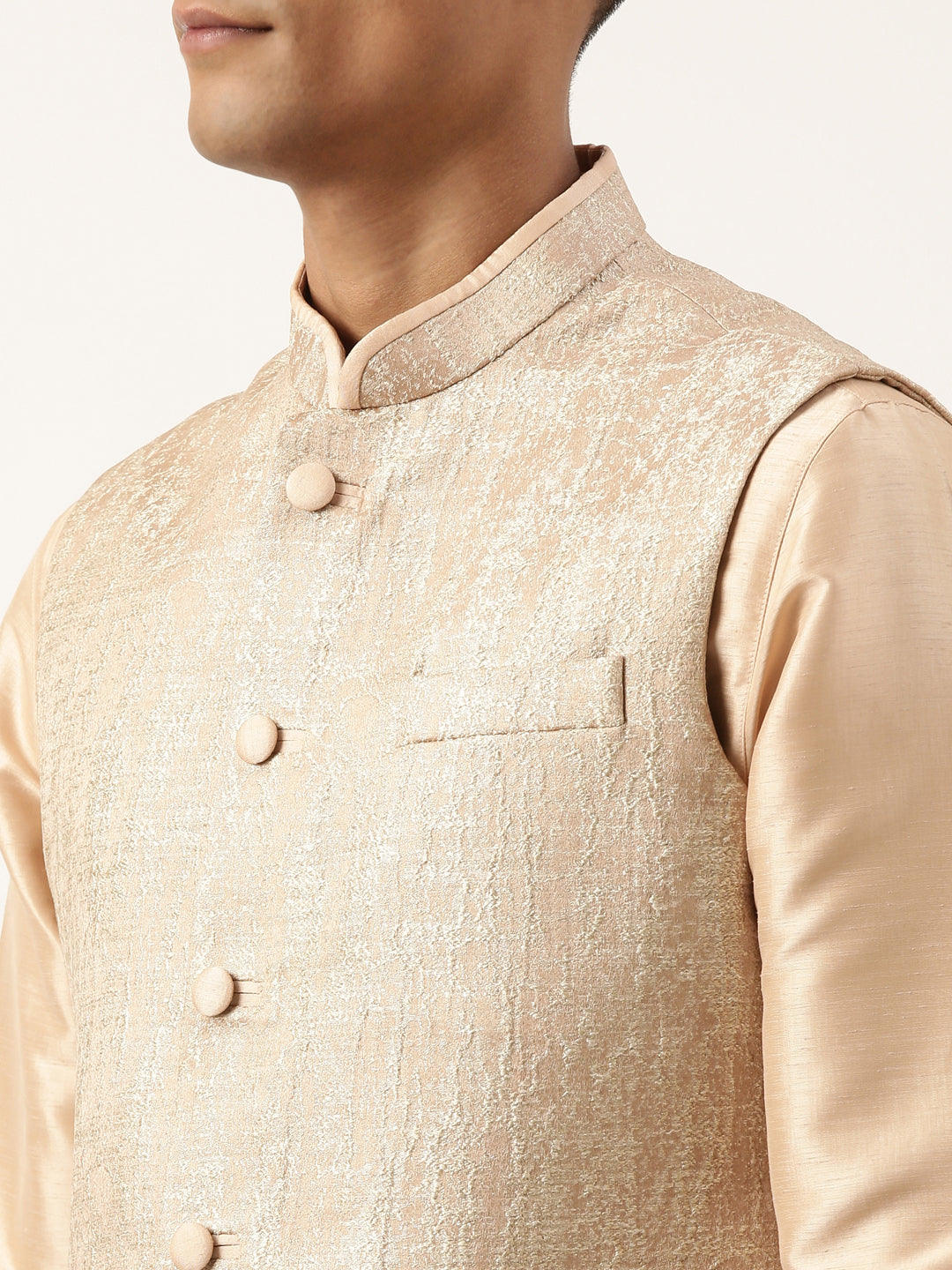 Peach Jacquard Jacket Kurta Set