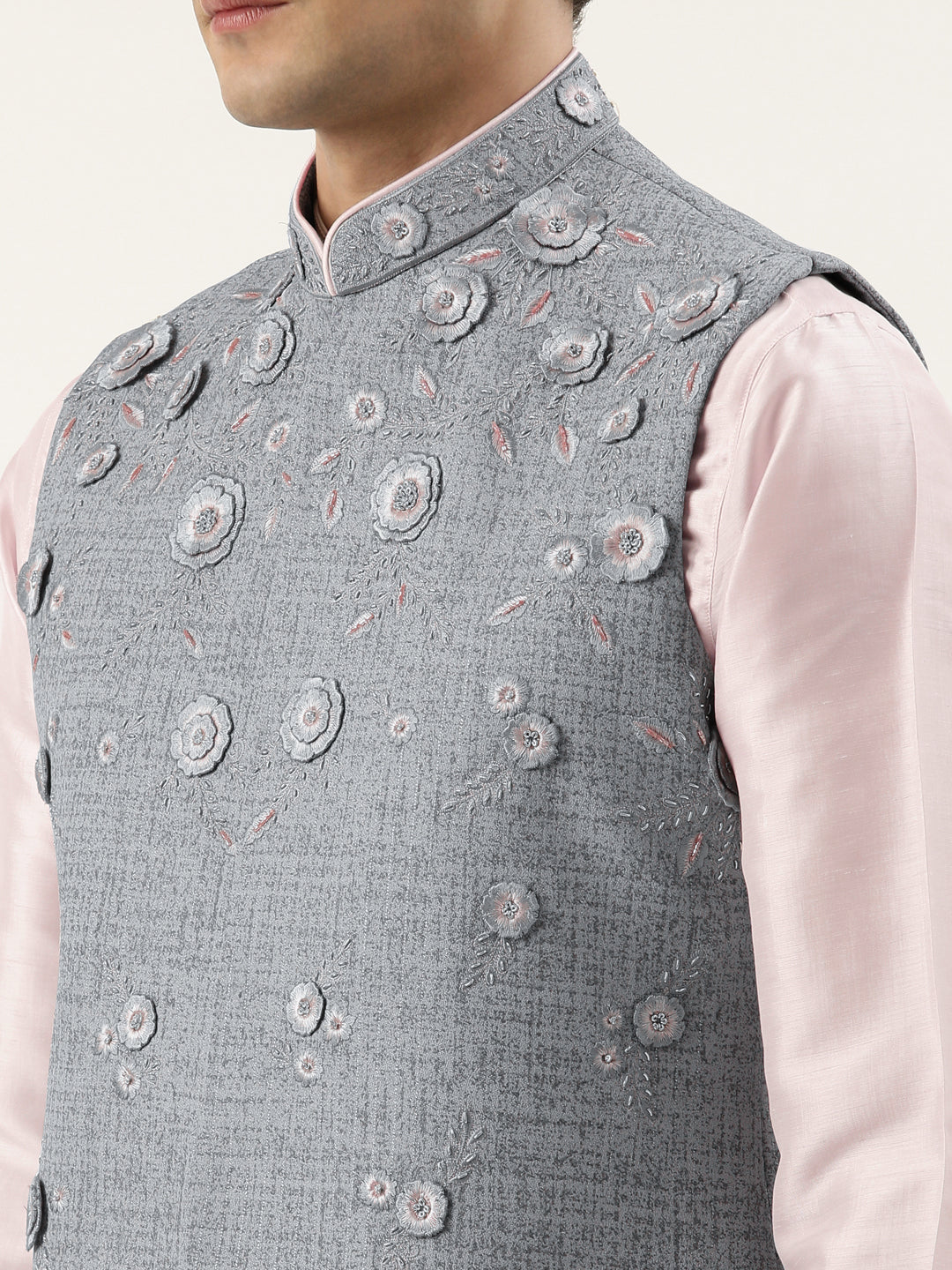 Grey floral embroidered Jacket Kurta Set