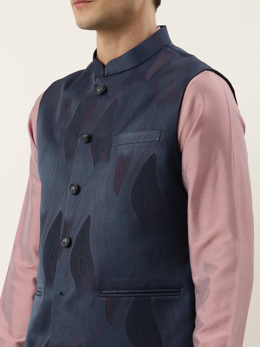 Navy Pink Jacquard Jacket With Pink Kurta