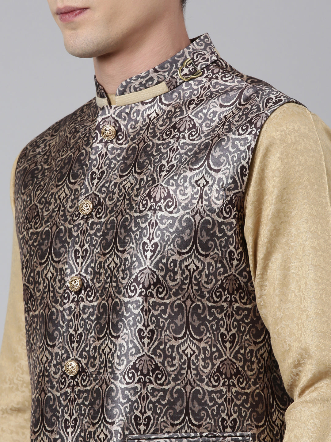 Printed Jacket with Self-design Drape Side-Open Kurta