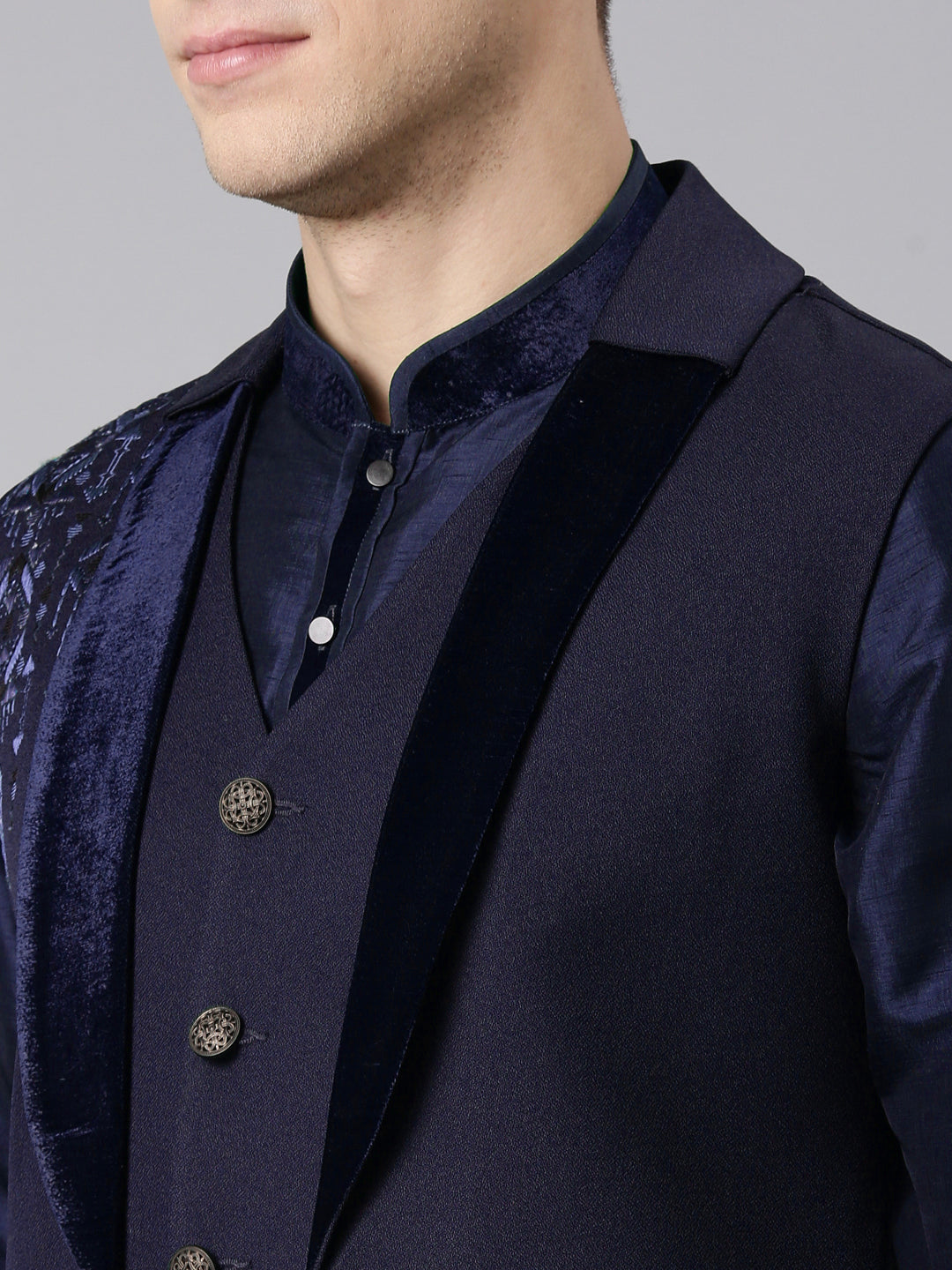 Dark Blue Layered lapel Style Jacket Kurta Set