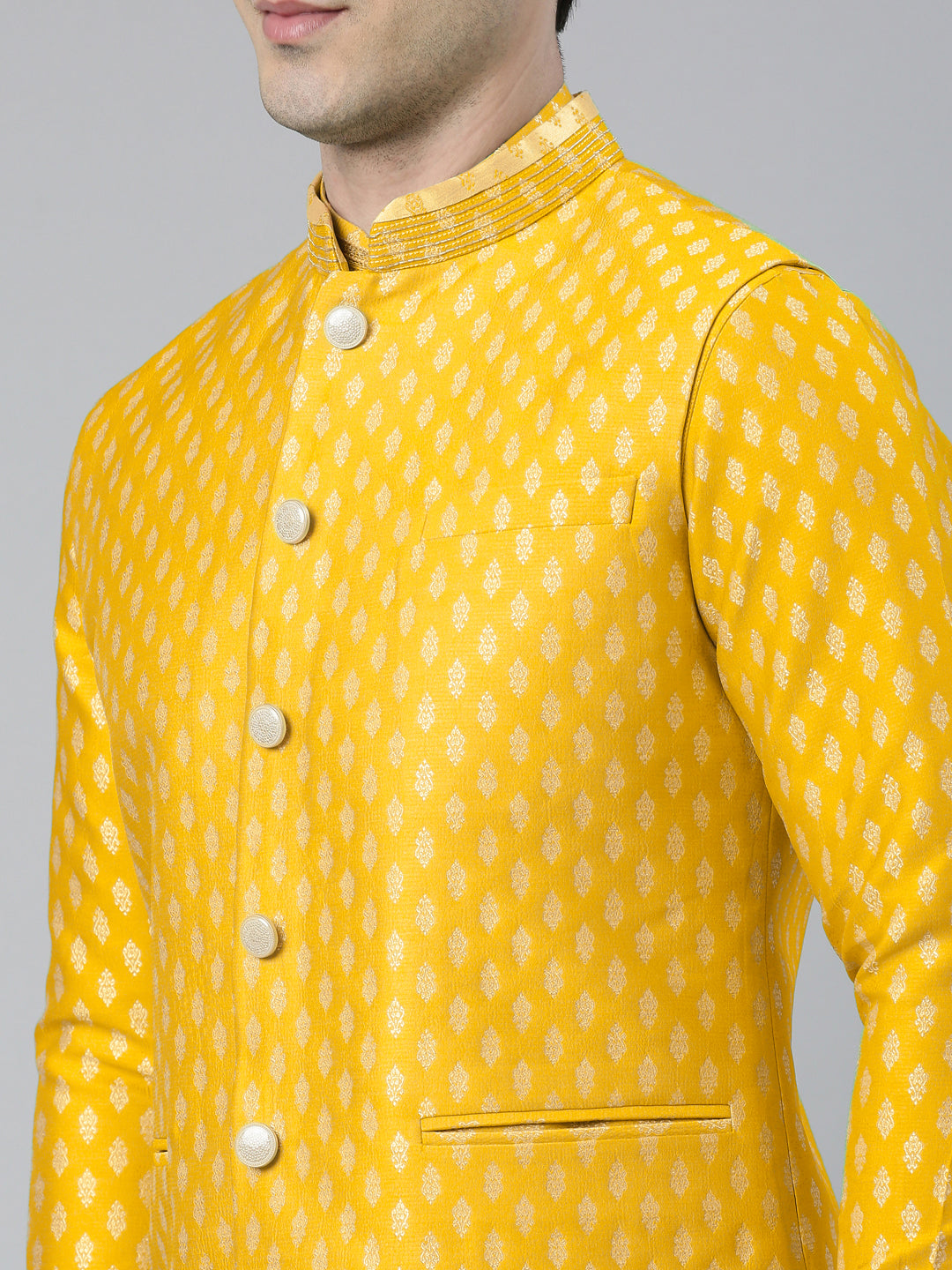 Yellow Banarasi Jacquard Jacket And Kurta Set