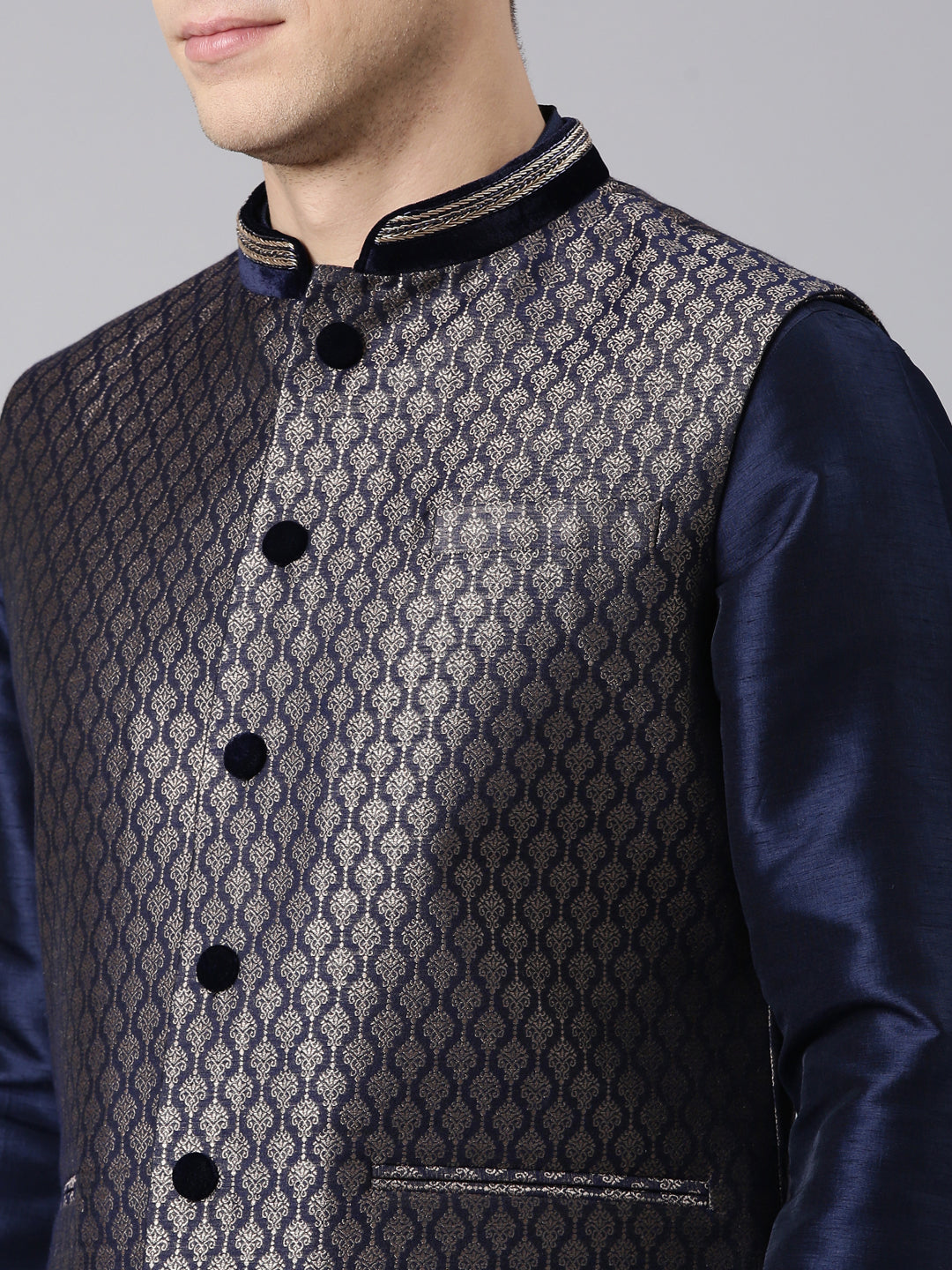 Midnight Blue Banarasi Brocade Jacket with Mid Night Blue Kurta Set