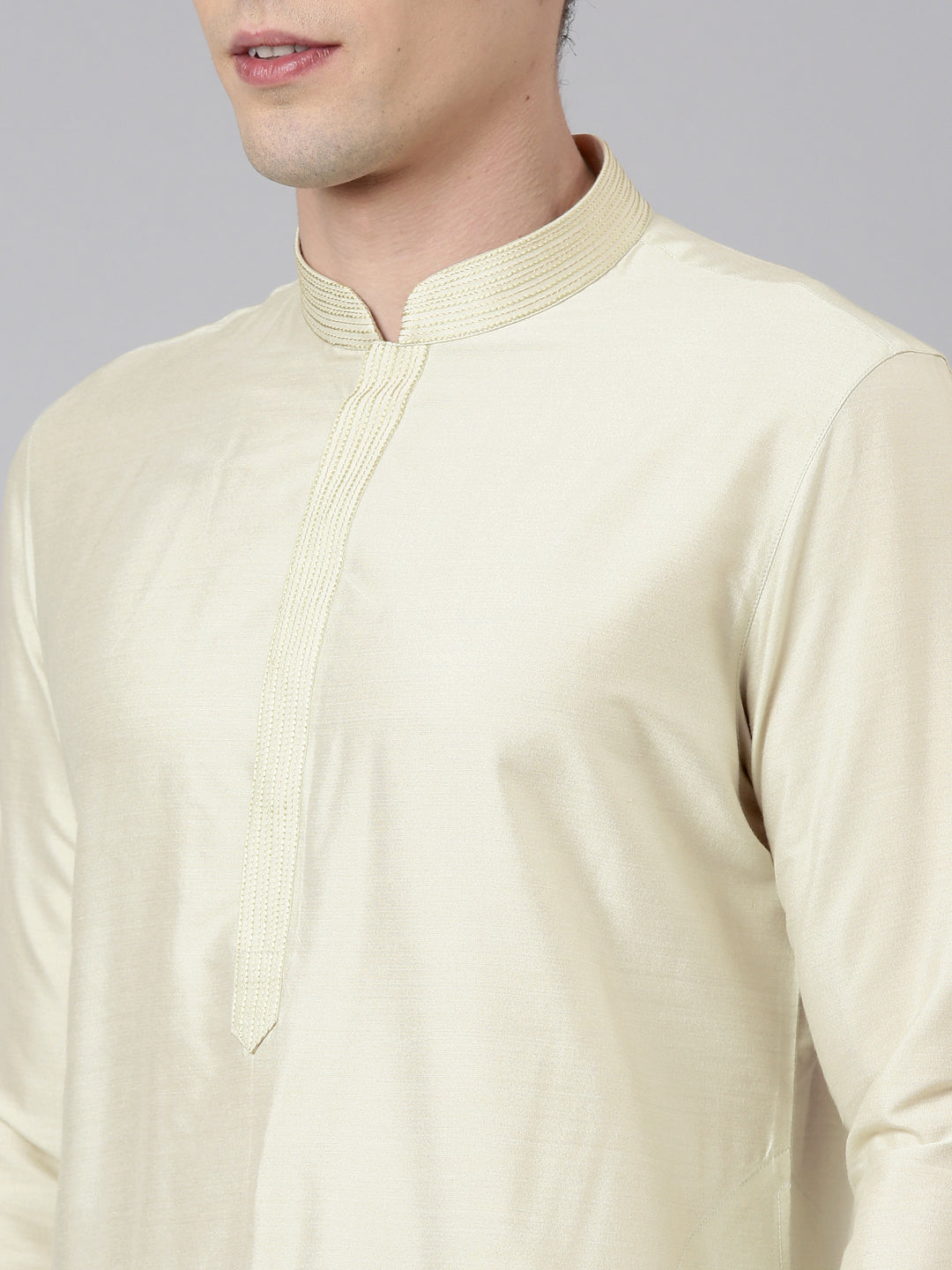 Cream Printed Lapel Style Jacket With Cream Gold Motif Kurta