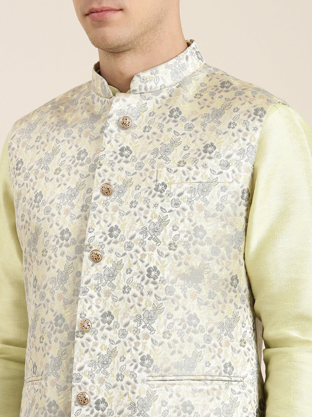 Pastel Green Jacquard Jacket With Kurta Set