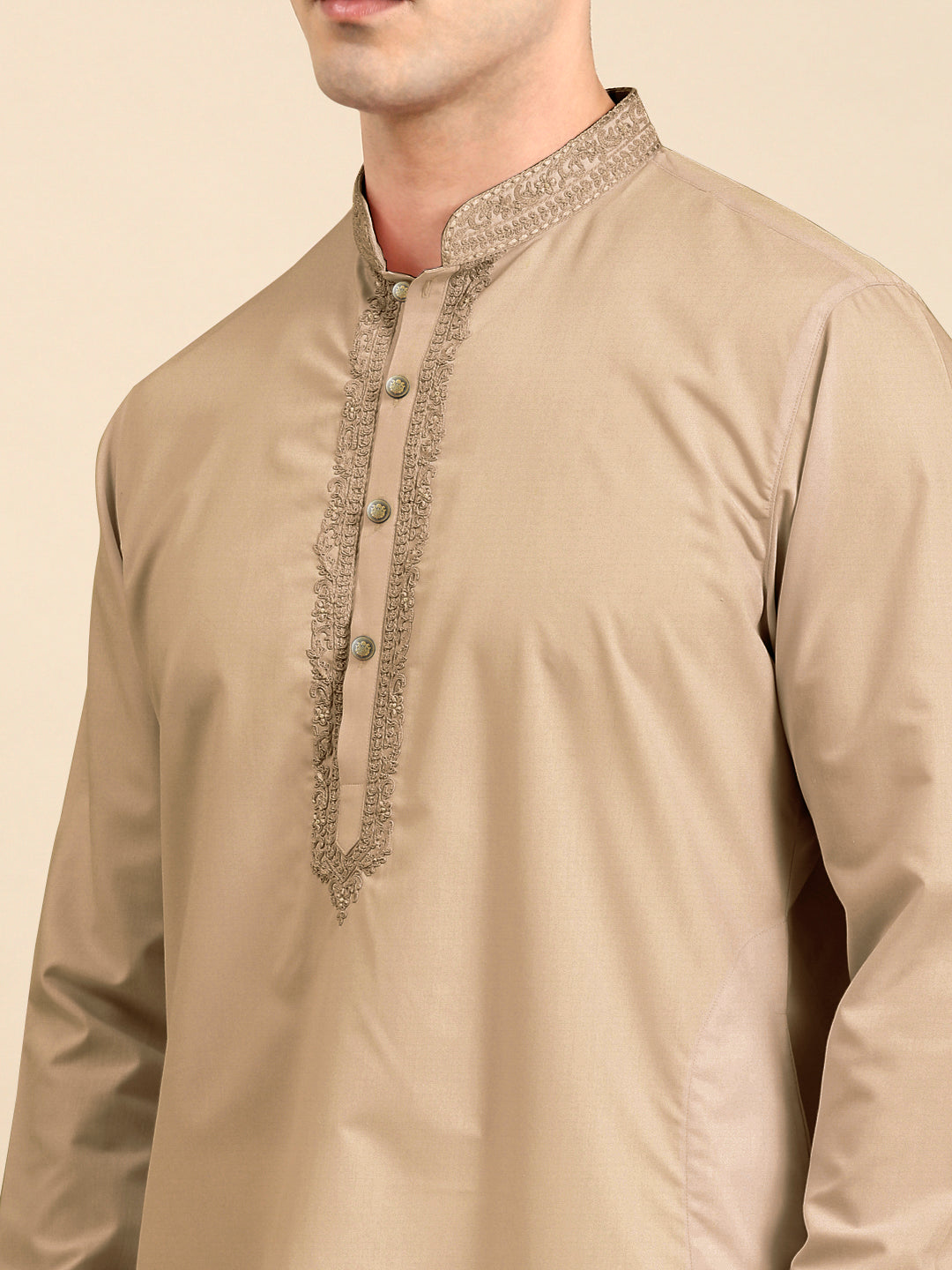 Beige Cotton Dori Embroidered Kurta Set