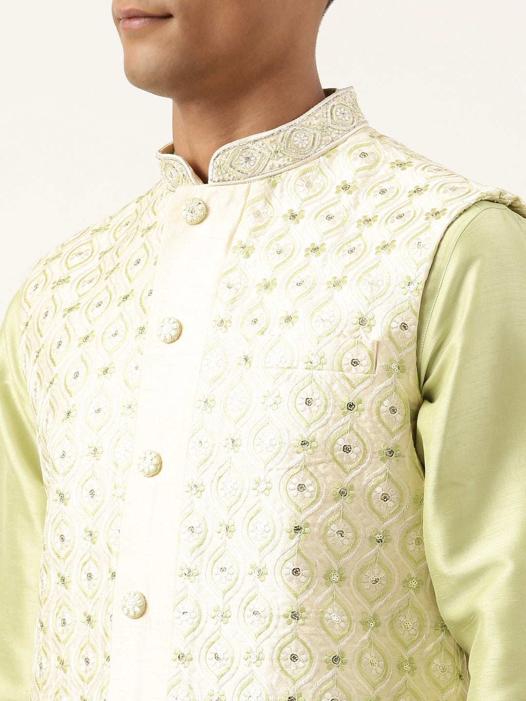 Cream Green  Embroiderd Layered Long Jacket Kurta Set