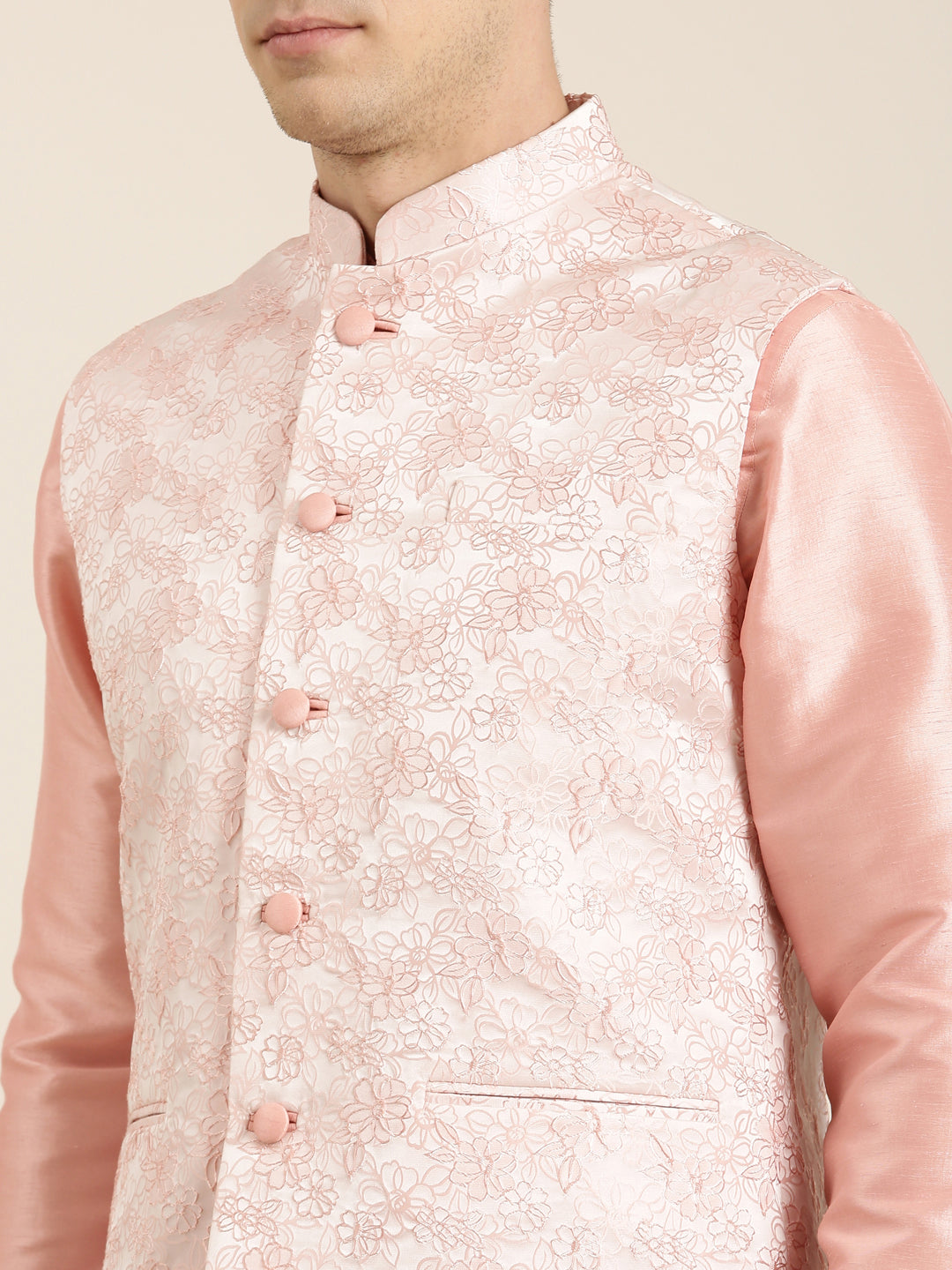 Peach Jacquard Jacket Kurta Set