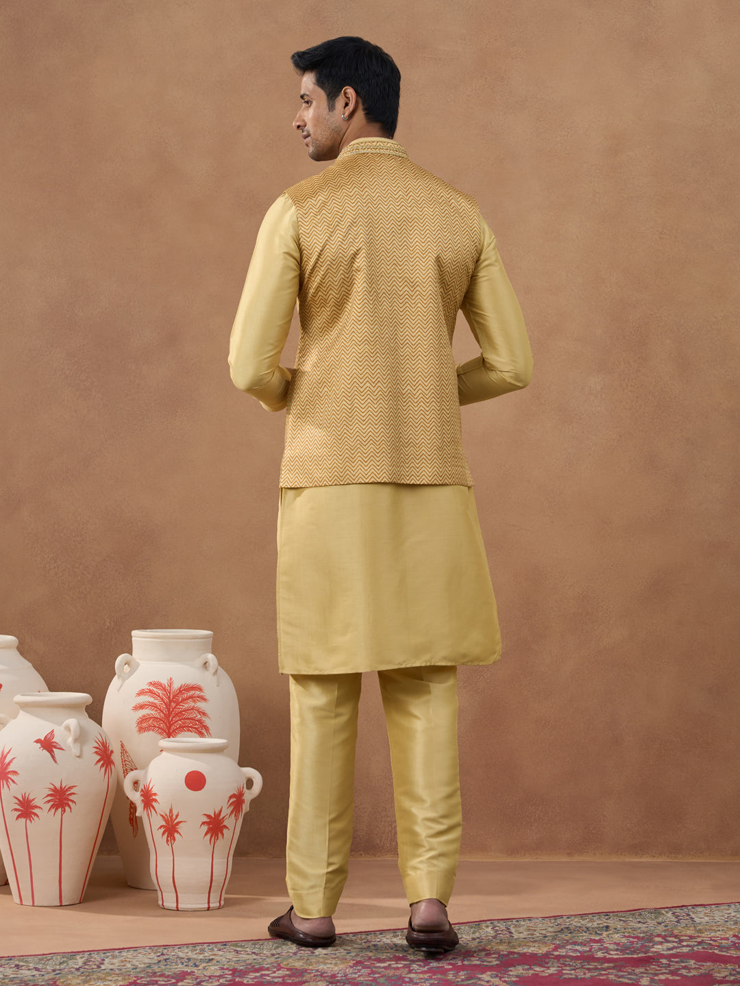 Gold Herringbone Printed Bundi Kurta Set