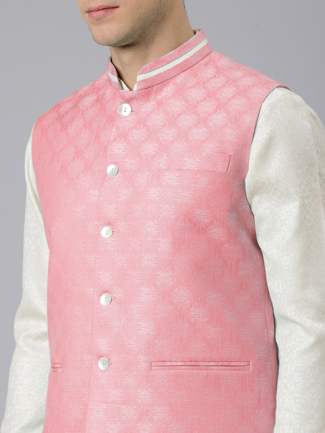 Pink Cotton Jacquard Jacket Kurta Set