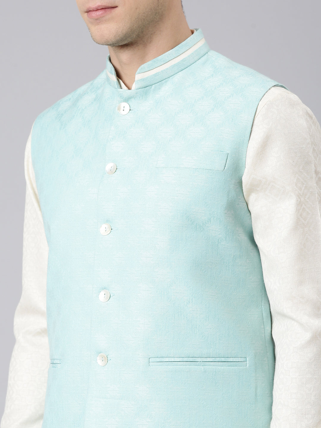 Light Blue Cotton Jacquard Jacket Kurta Set