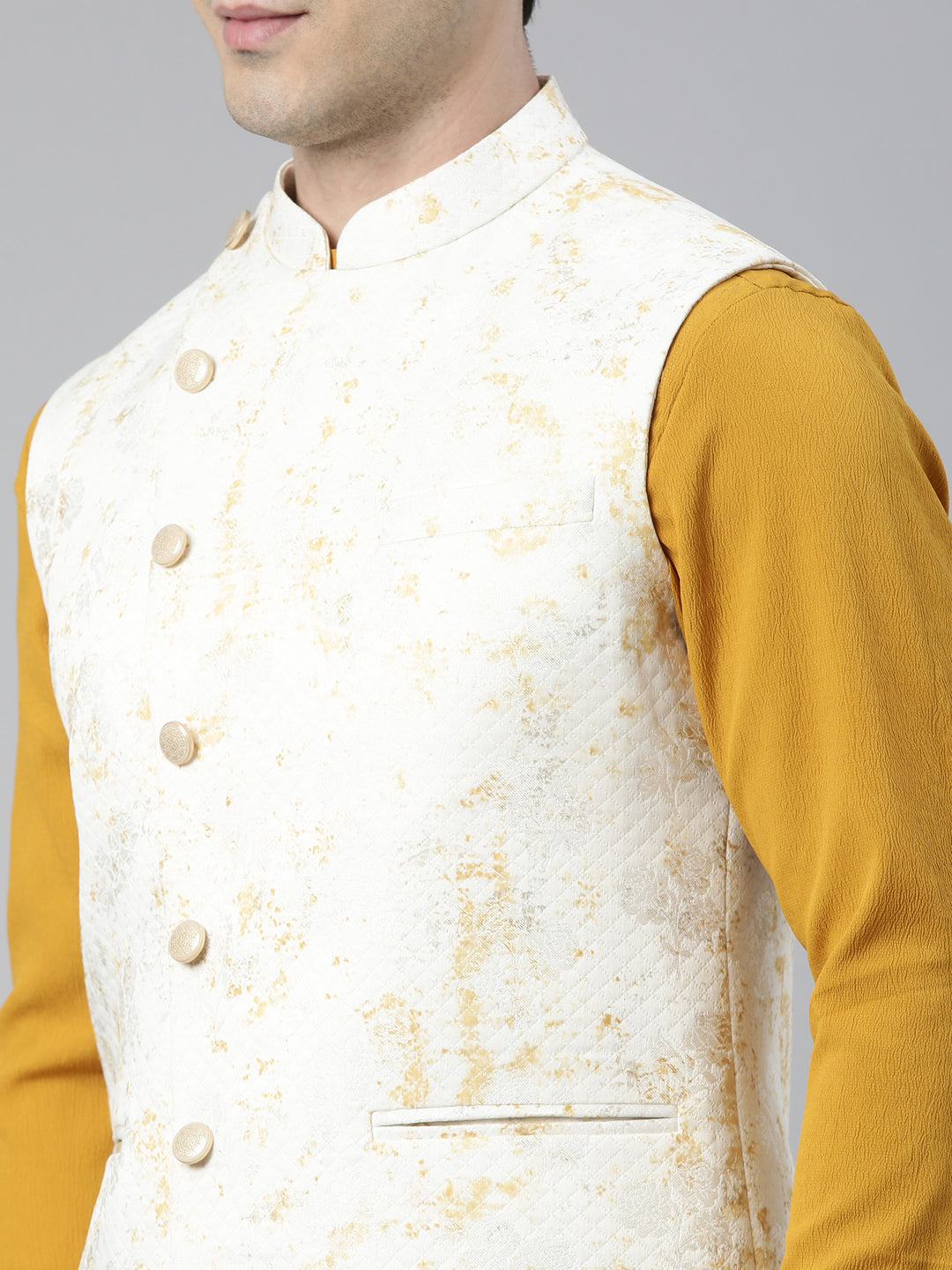 Cream Mustard Printed Jacket With Mustard Draped Kurta