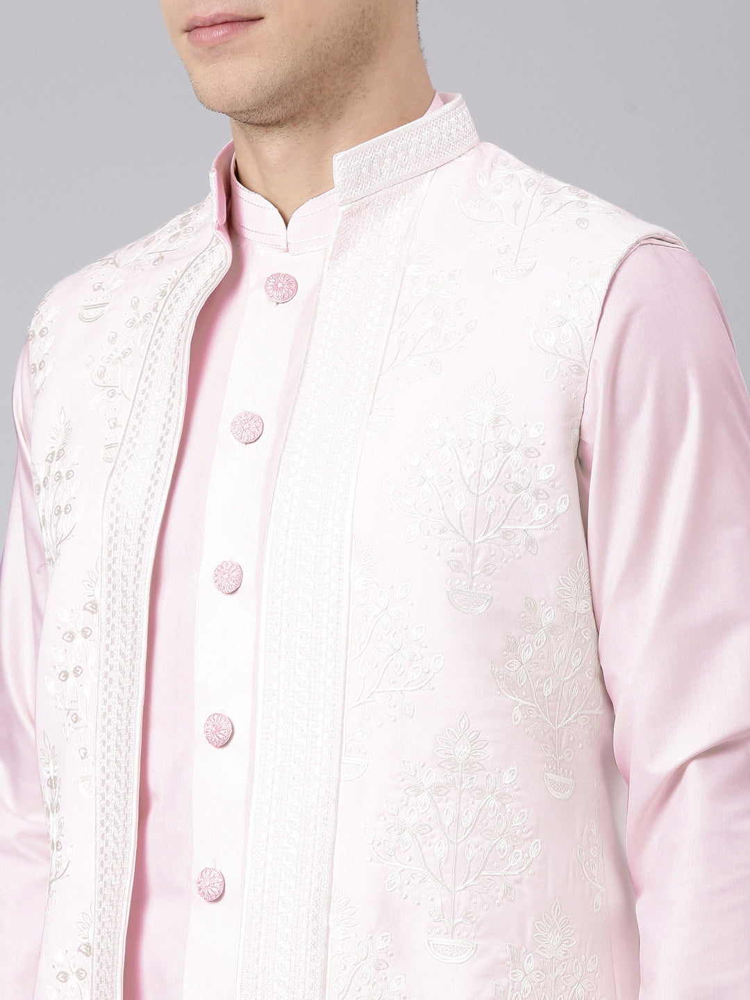 Pink linen Embroidery  Long Open Jacket Kurta Set