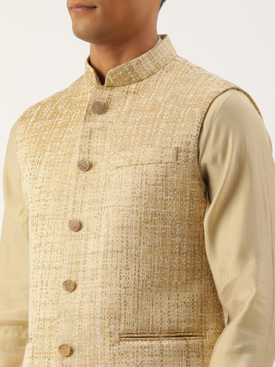 Gold Checkered Textured Jacket With Gold Kurta