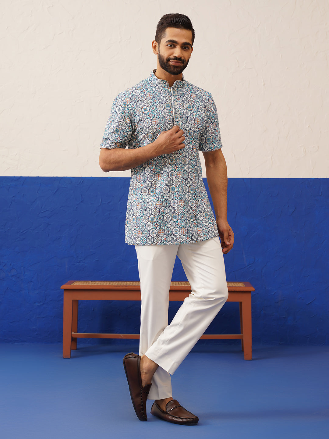 Teal Printed Cotton Short Kurta Set