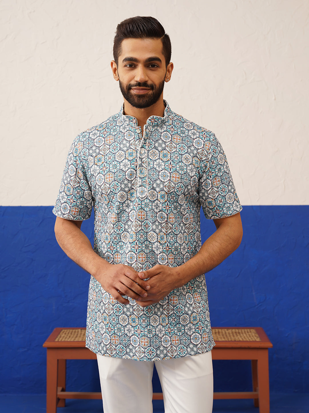 Teal Printed Cotton Short Kurta Set