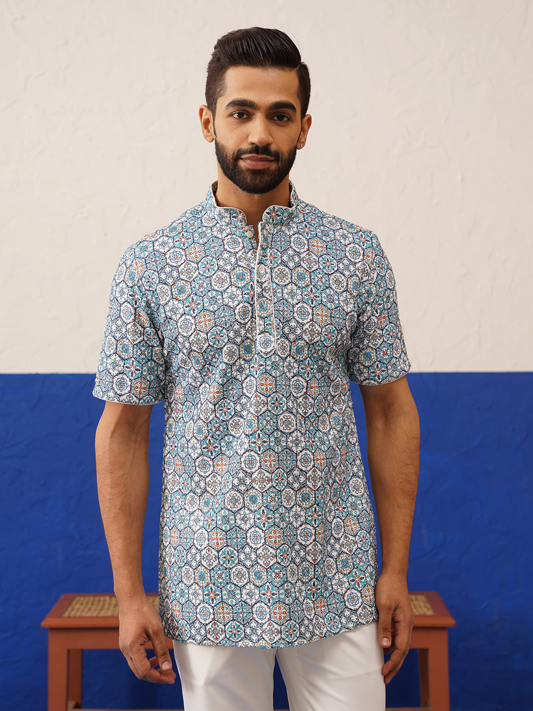 Teal Printed Cotton Short Kurta Set