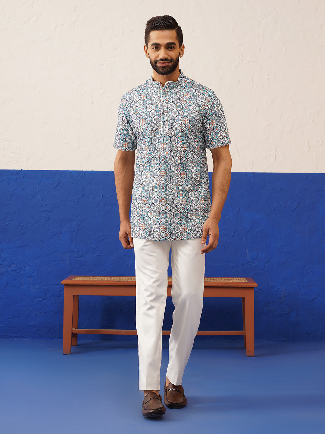 Teal Printed Cotton Short Kurta Set