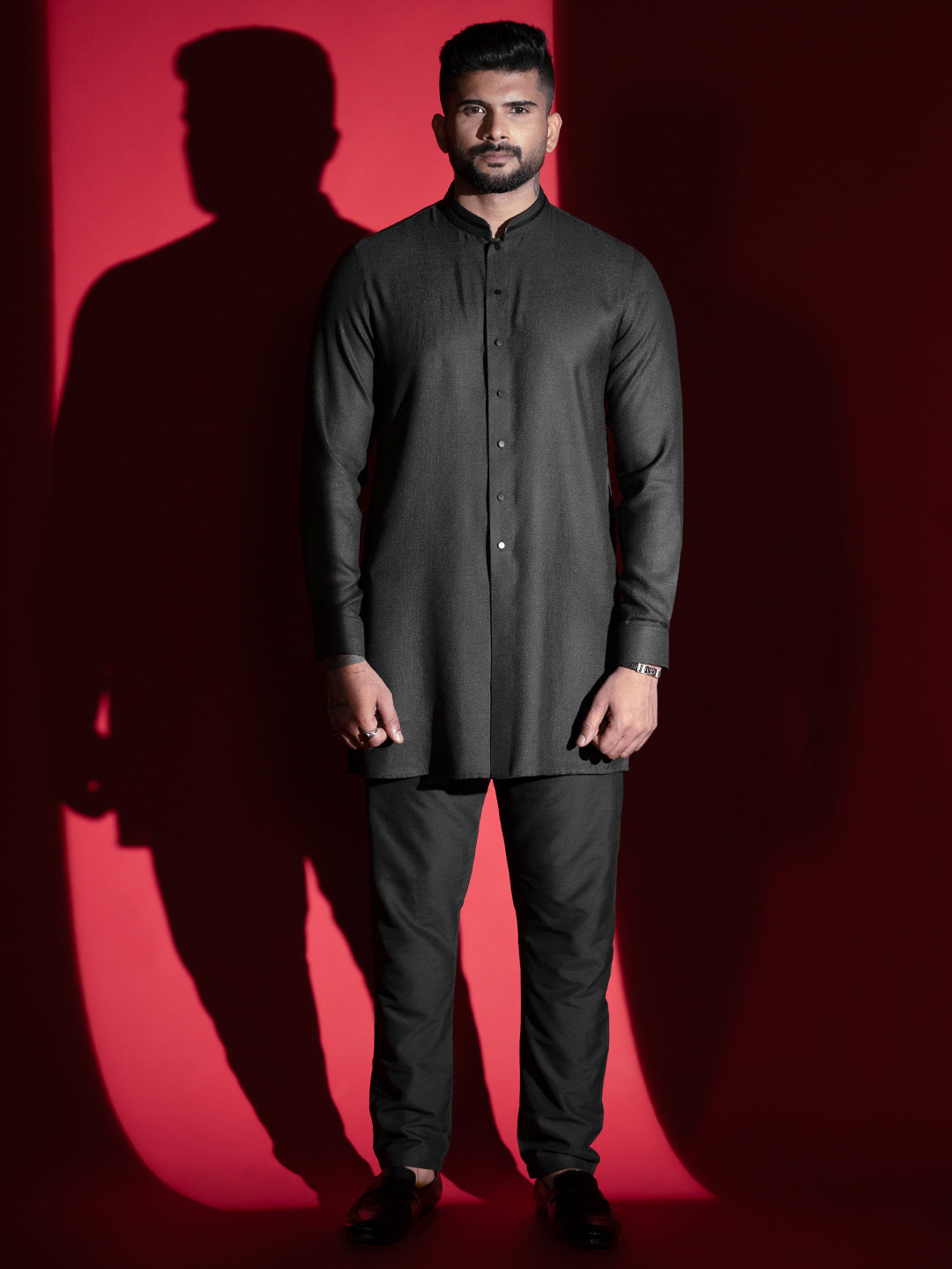 Black Cotton front open Kurta Set