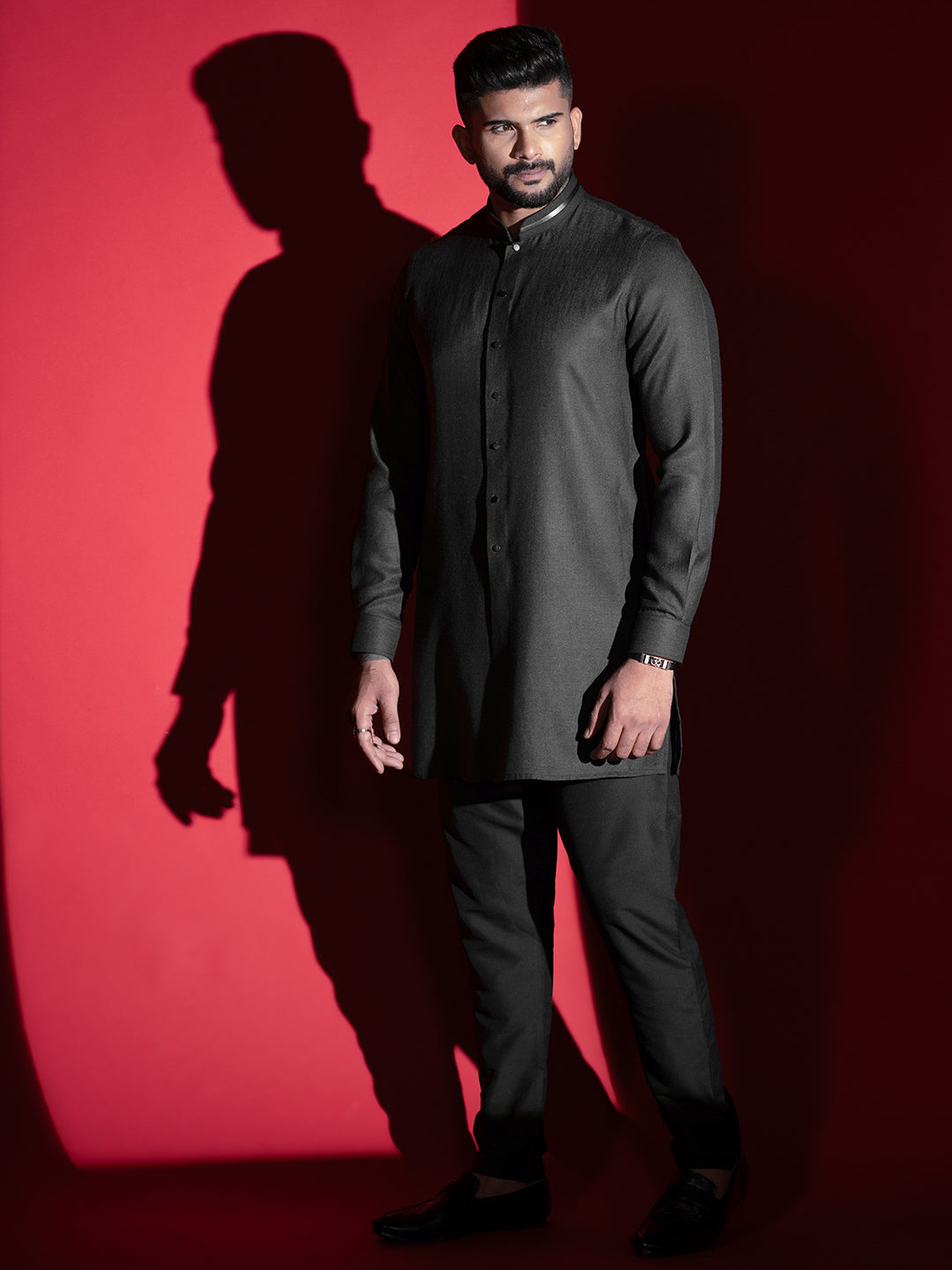 Black Cotton front open Kurta Set