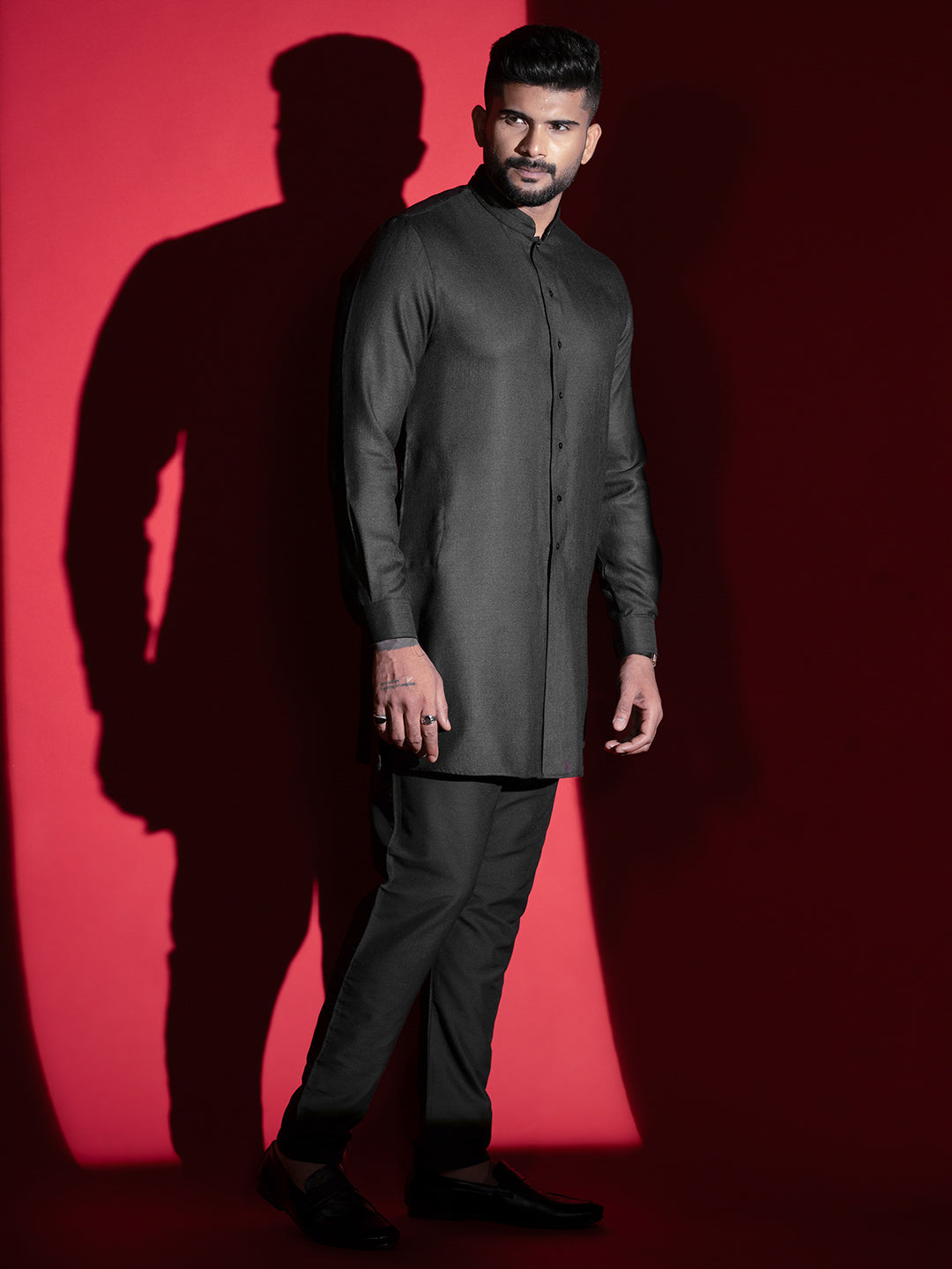 Black Cotton front open Kurta Set