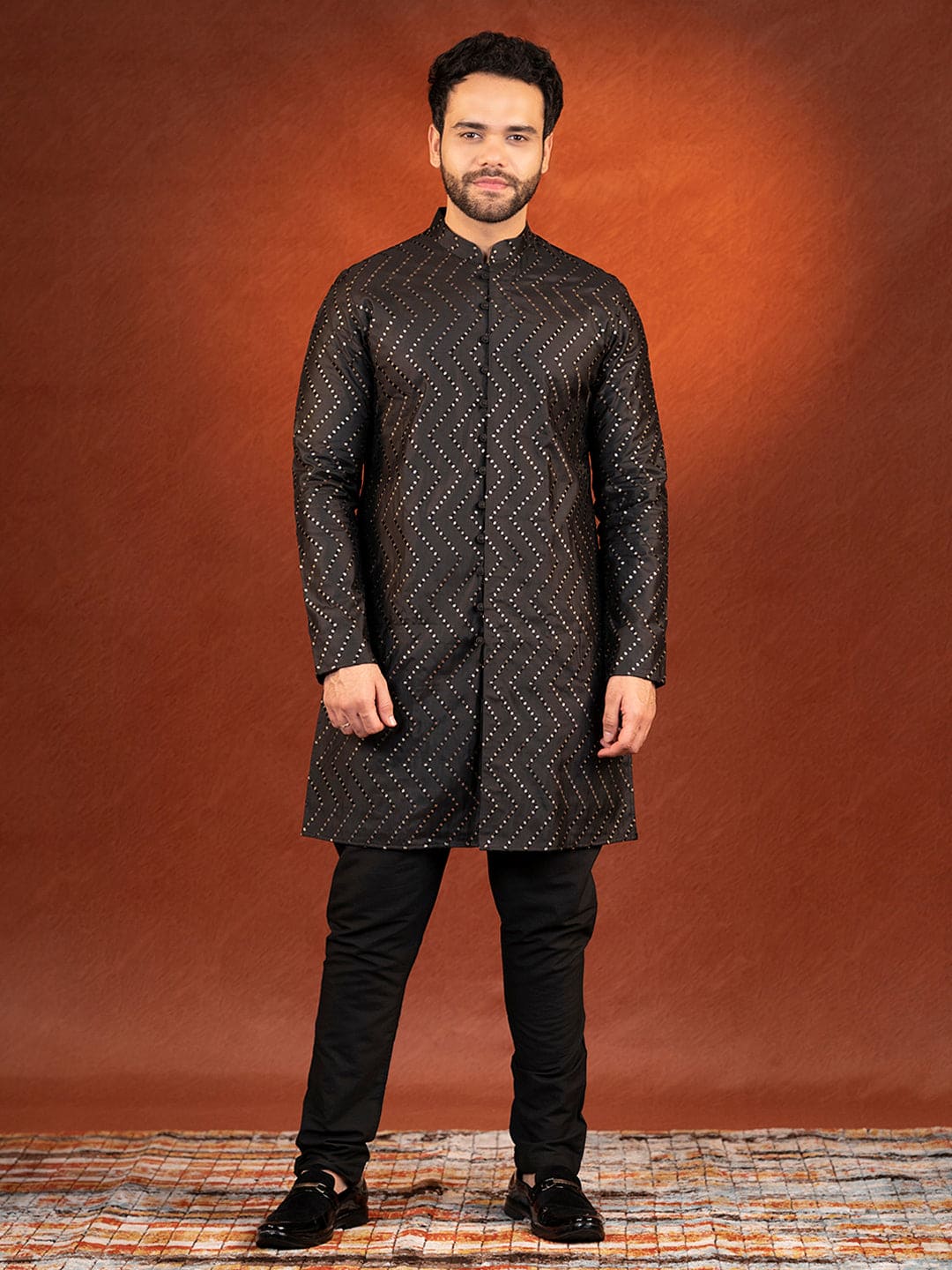 Black Embroidered front open Kurta Set