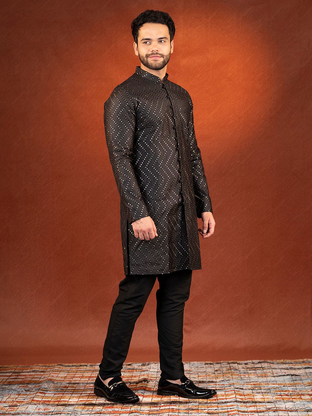 Black Embroidered front open Kurta Set